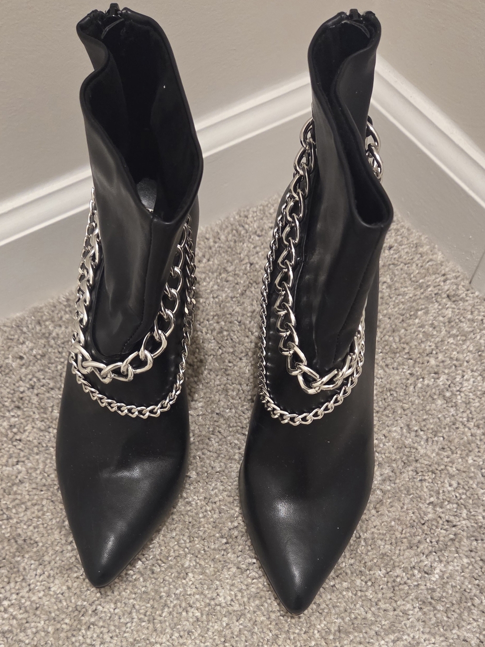BCBG Black Pointed Toe Ankle Boots with Silver Chain Detail